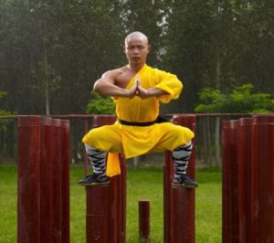 Šaolin vienuolis kovos menų praktikų metu praktikuoja meditaciją.